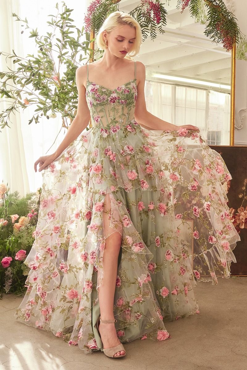 A1420 - SAGE FLORAL PRINT LAYERED A-LINE DRESS - Andrea & Leo Couture