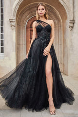 Leila One Shoulder Gown - A1053 - BLACK