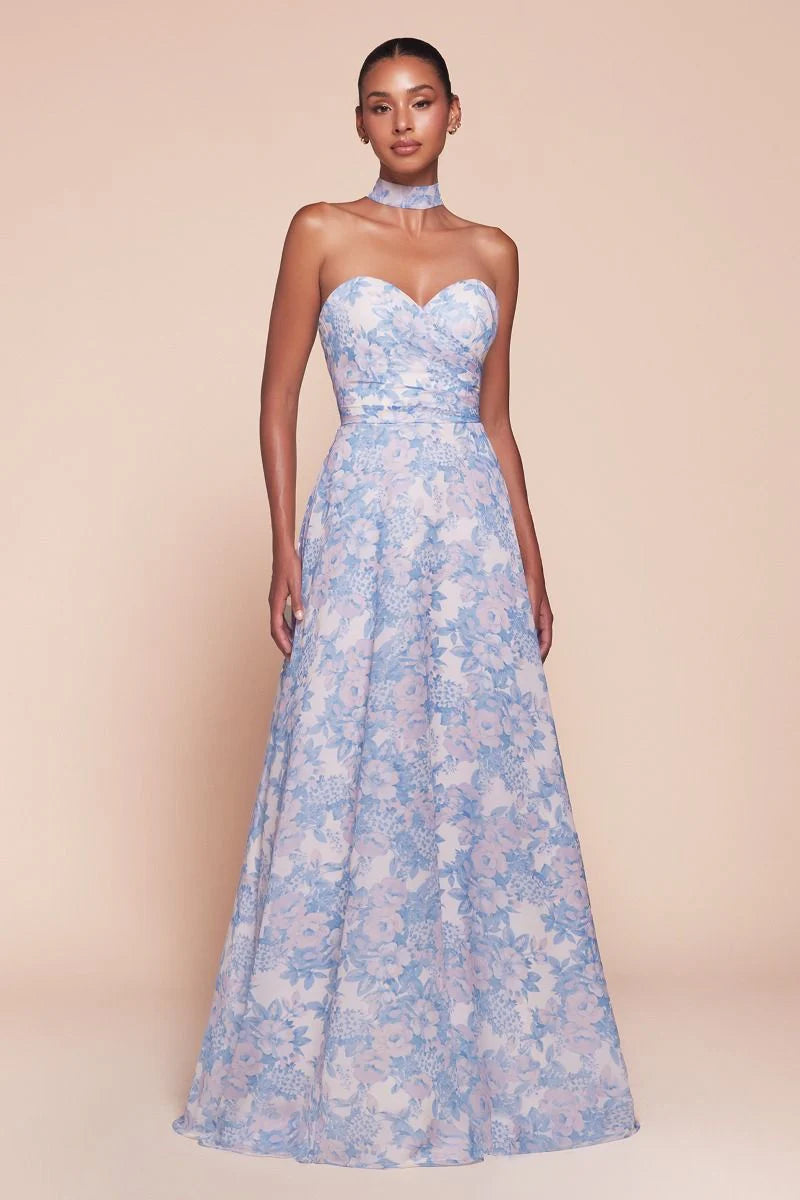 CASSIE GOWN - BLUE - STRAPLESS A-LINE FLORAL SATIN DRESS