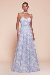 CASSIE GOWN - BLUE - STRAPLESS A-LINE FLORAL SATIN DRESS