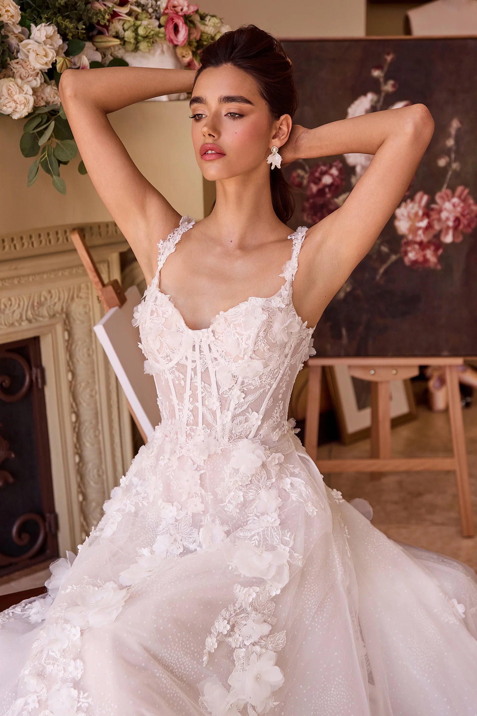 WL045-Intricate Floral Applique A-Line Tulle Wedding Dress-Andrea & Leo