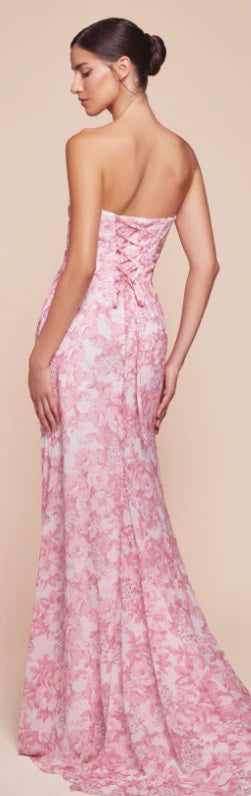 MARTA GOWN - ROSE - STRAPLESS FLORAL PRINTED SOFT SATIN DRESS