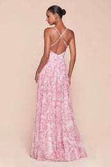 IRIS GOWN - ROSE - A-LINE SOFT SATIN PRINT DRESS