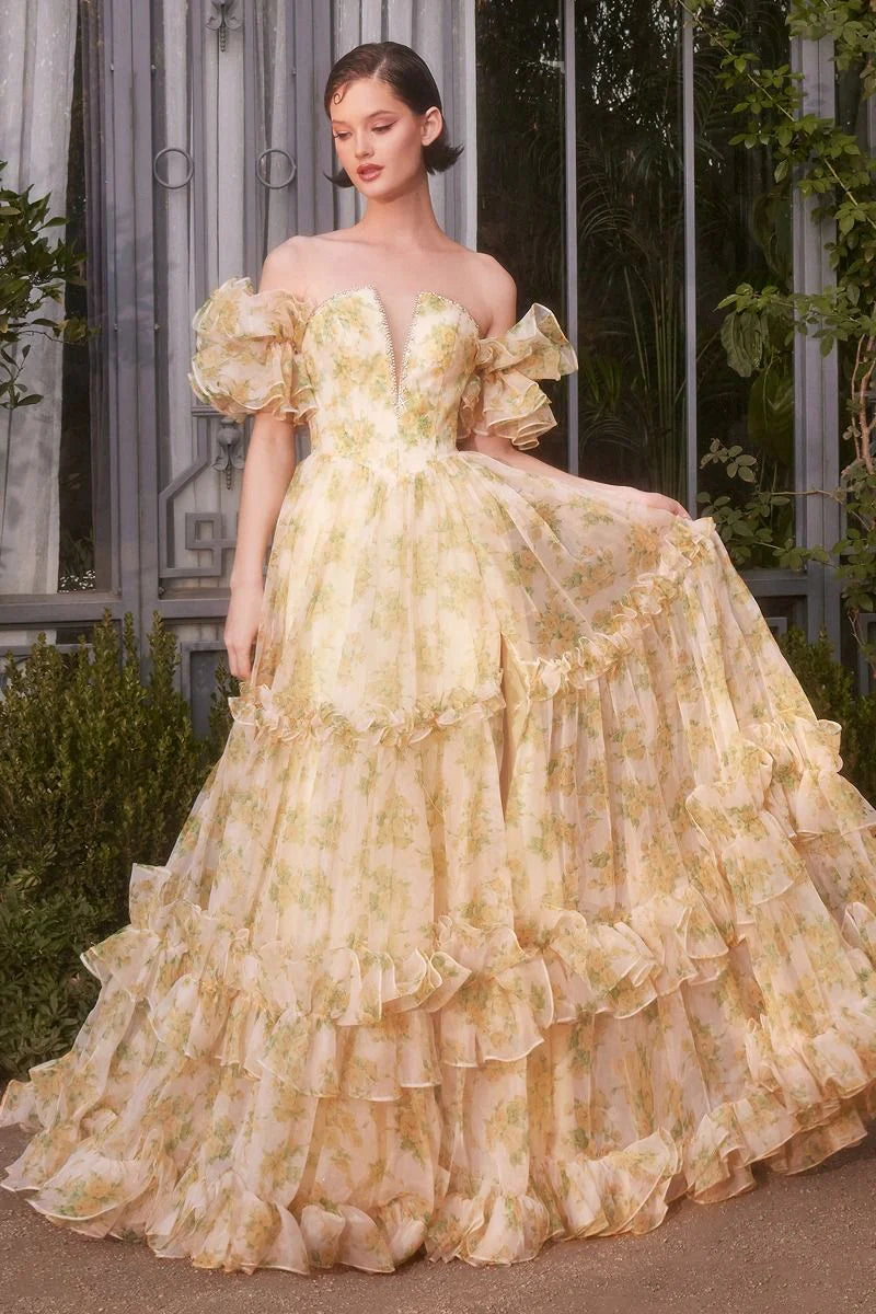 A1430 - STRAPLESS FLORAL PRINTED BALL GOWN - Andrea & Leo Couture