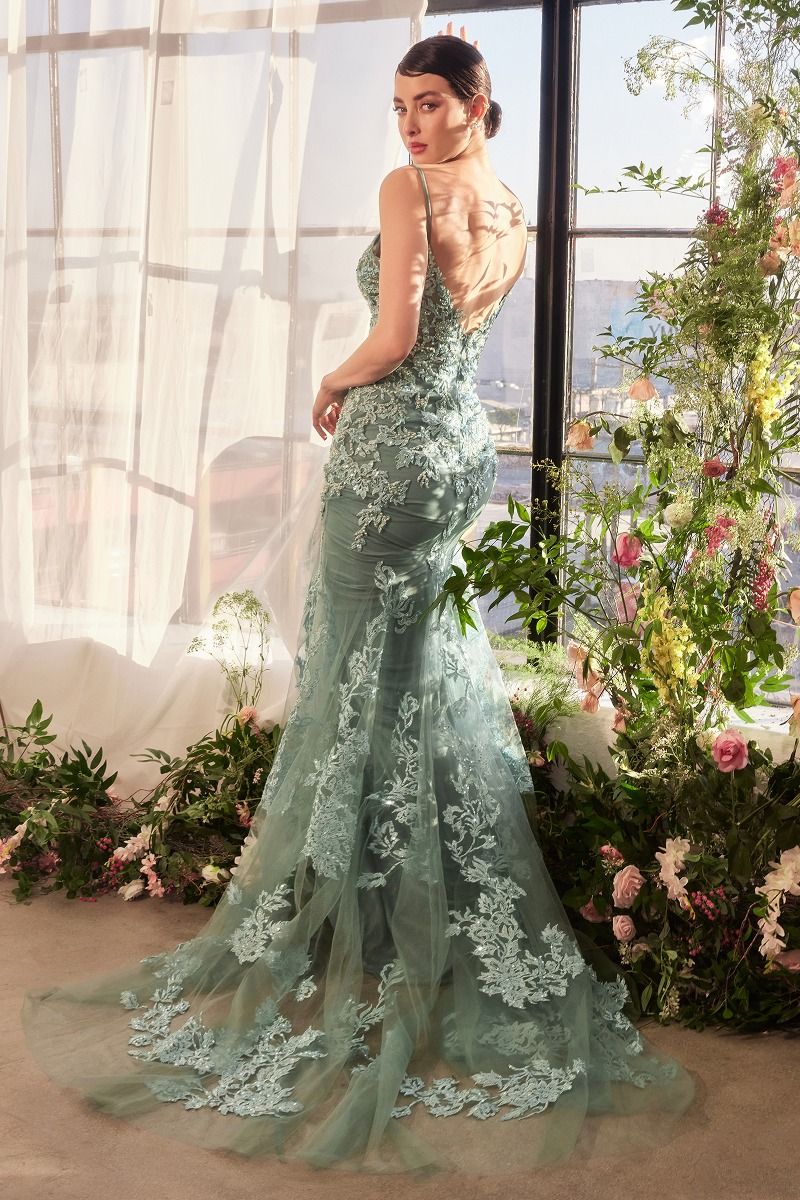 A1421 FOLIAGE BEADED LACE MERMAID GOWN - Andrea & Leo