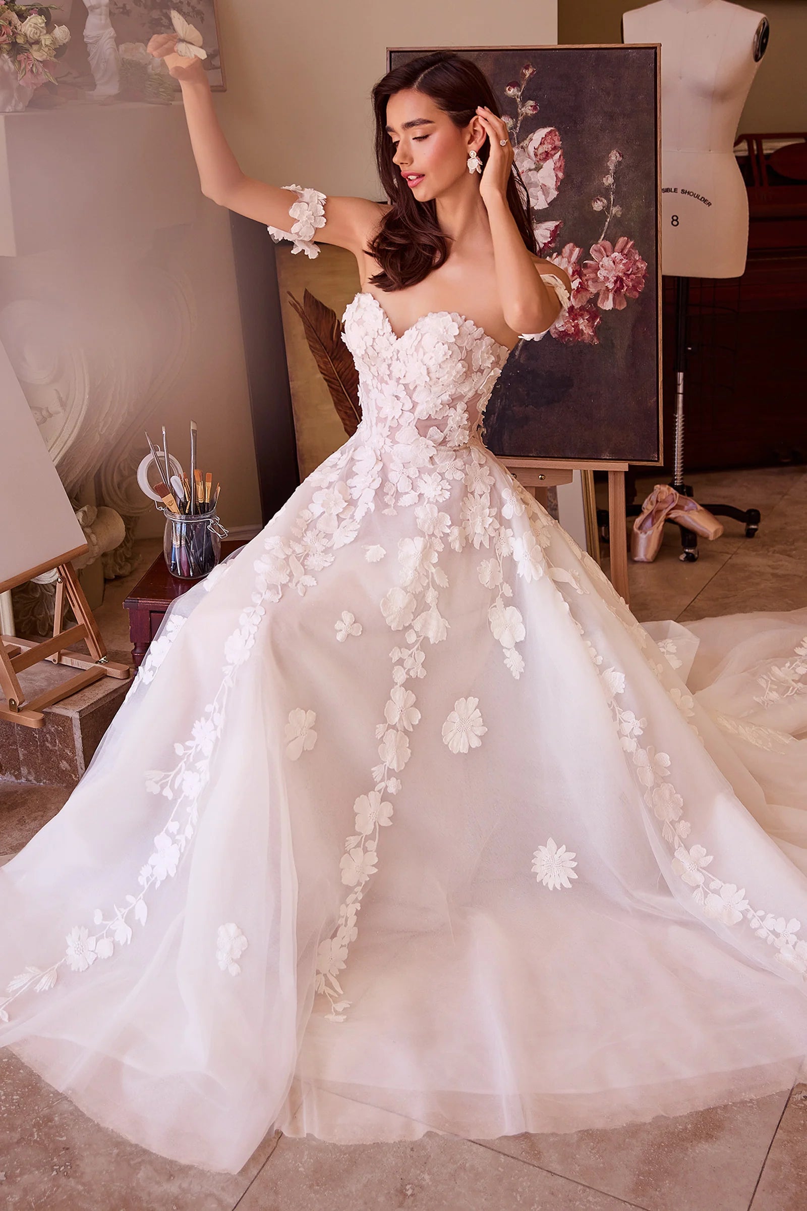 WL039-Strapless Floral Lace Bridal Ball Gown-Andrea & Leo