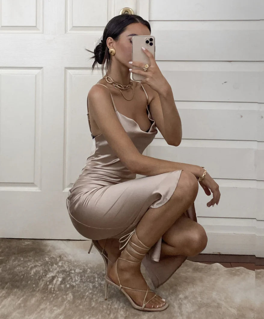 Aspen Midi Dress - Champagne Satin