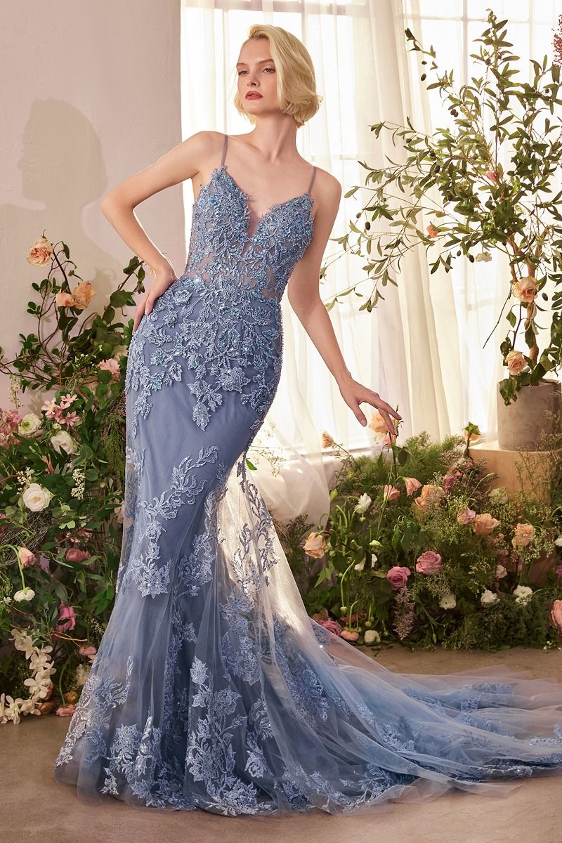 A1421 FOLIAGE BEADED LACE MERMAID GOWN - Andrea & Leo