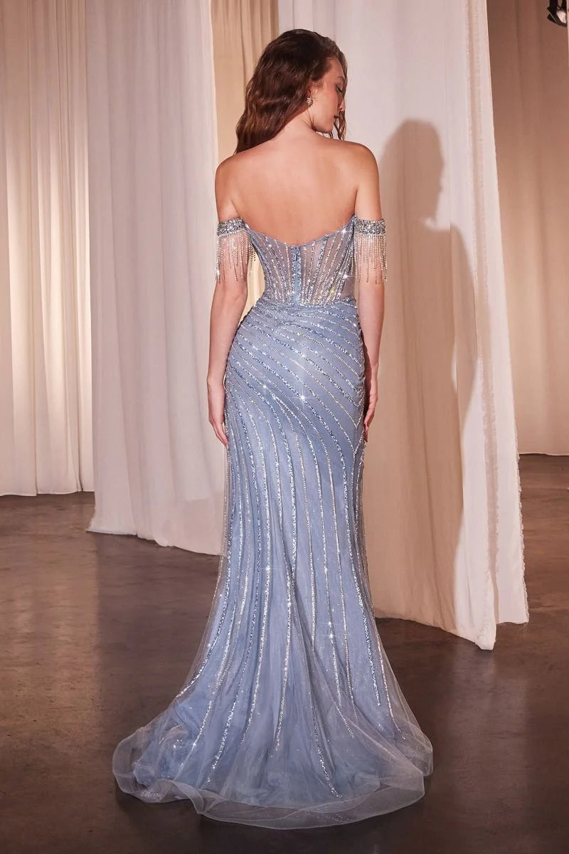 Paris Gown - Blue - FULLY EMBELLISHED OFF THE SHOULDER EVENING GOWN