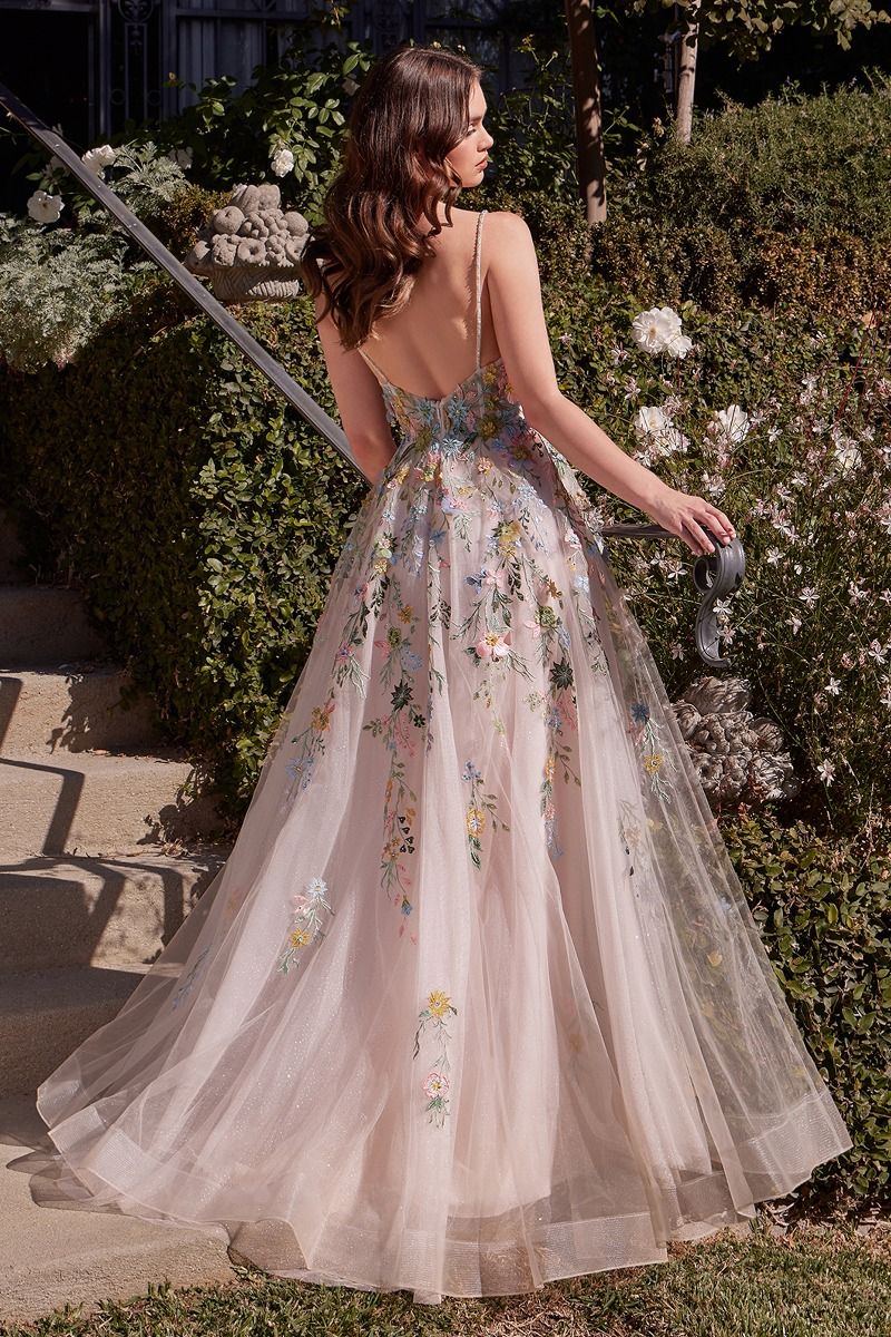 A1460 - MULTICOLOR FLORAL A-LINE GOWN - Andrea & Leo Couture