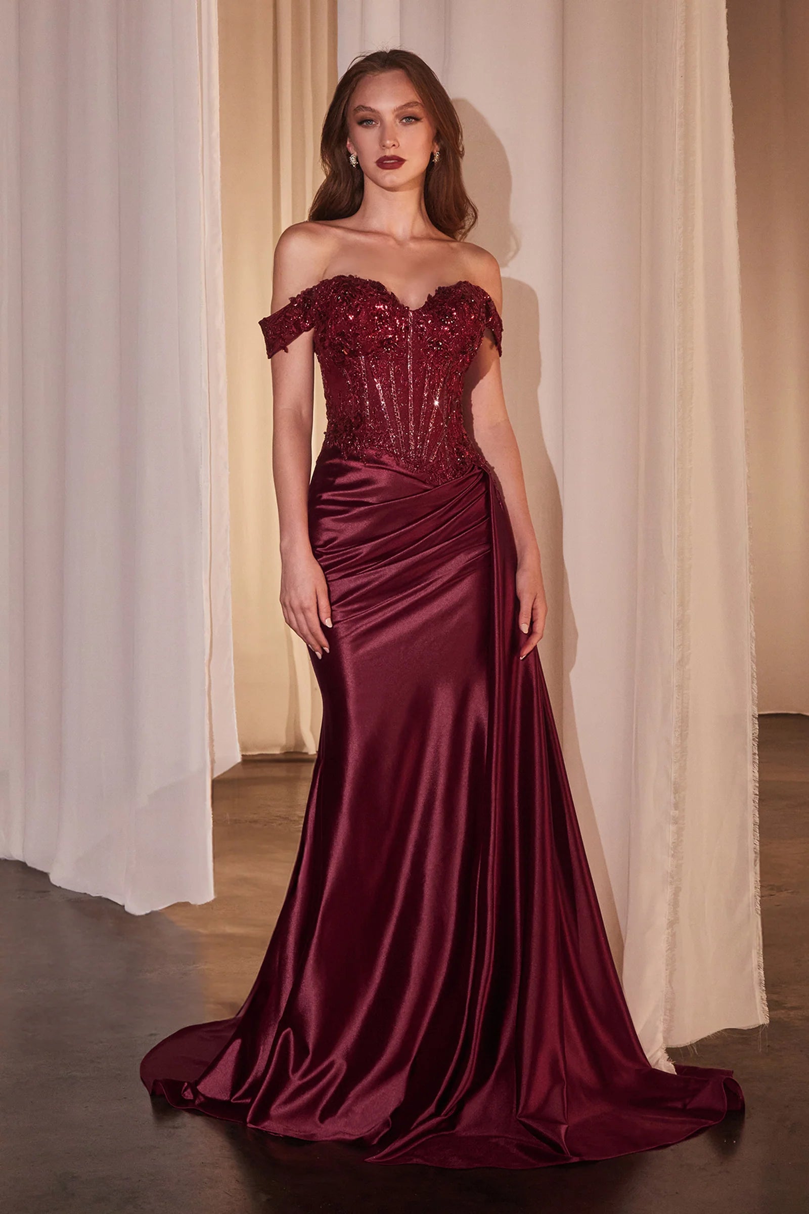 Hailee Gown - Off-the-Shoulder Lace & Satin Fitted Gown