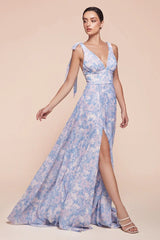 EDEN GOWN - BLUE - TIE STRAP A-LINE FLORAL PRINTED SKIRT