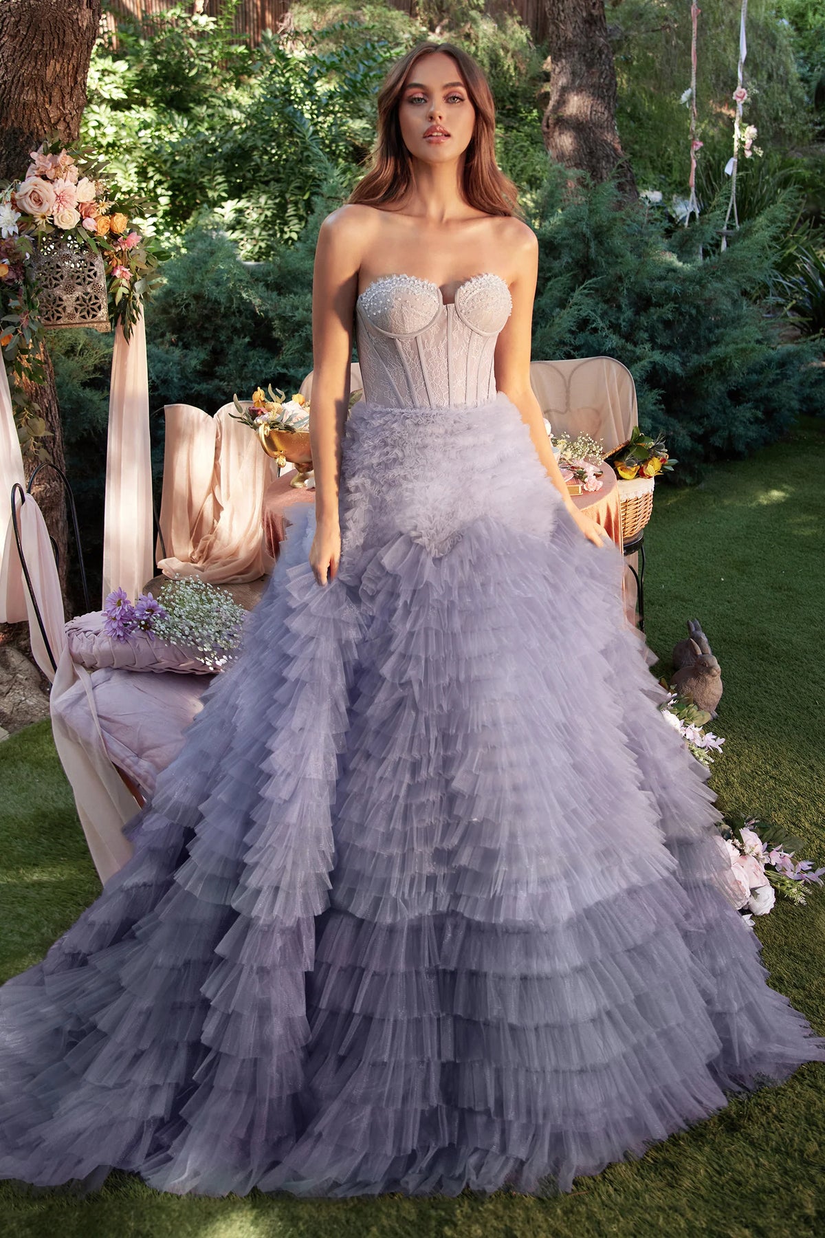 A0767-Strapless Faux Corset with Ruffled Ombre Ball Gown - Andrea & Leo Couture