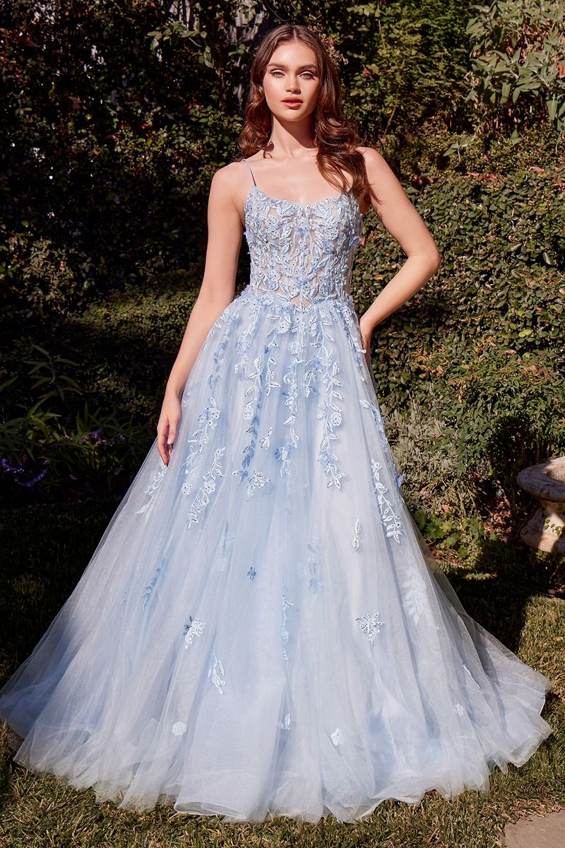 A1437 - LIGHT BLUE LEAF MOTIF APPLIQUED A-LINE DRESS- Andrea & Leo Couture