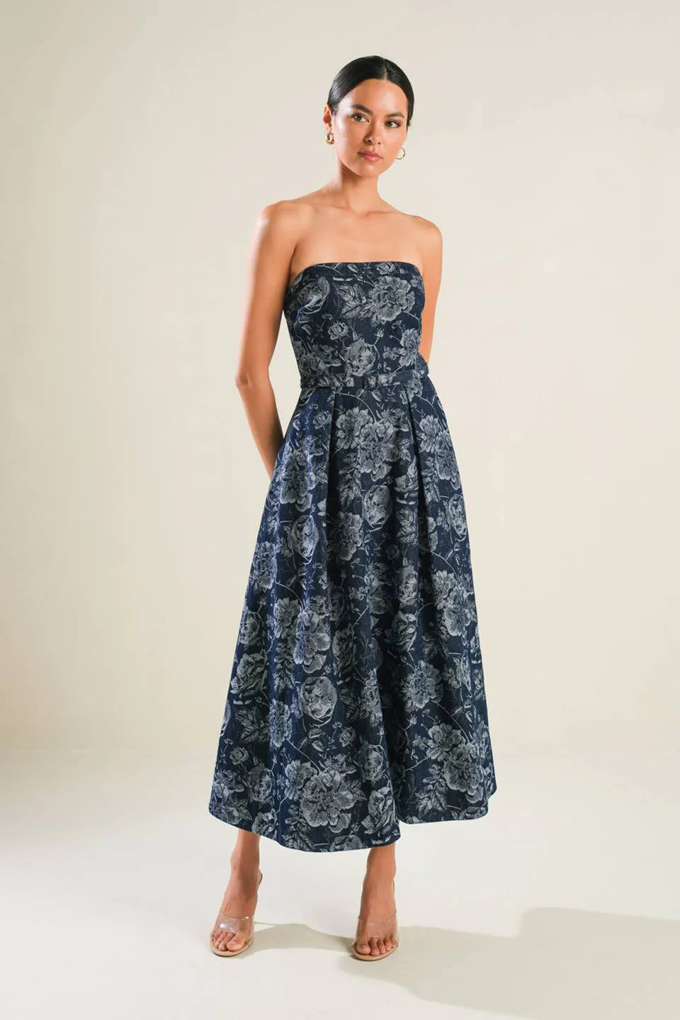 EVOLVING REFLECTIONS DENIM MIDI DRESS