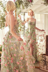 A1420 - SAGE FLORAL PRINT LAYERED A-LINE DRESS - Andrea & Leo Couture