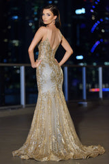 Lyra Gown - Gold Mist - FITTED FLORAL GLITTER PRINT CORSET GOWN