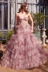 A1463 - PRINT RUFFLE CORSET GOWN - Andrea & Leo Couture