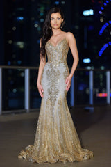 Lyra Gown - Gold Mist - FITTED FLORAL GLITTER PRINT CORSET GOWN