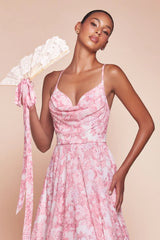 IRIS GOWN - ROSE - A-LINE SOFT SATIN PRINT DRESS