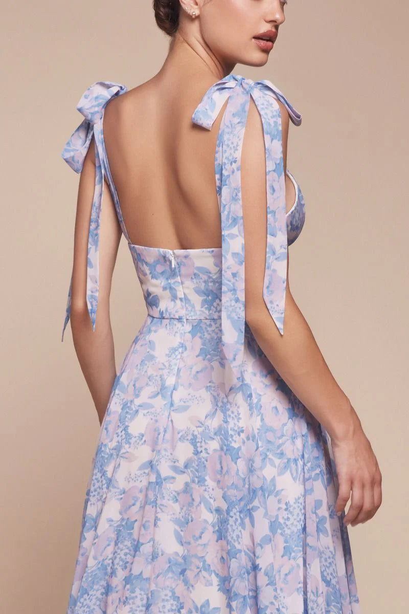 EDEN GOWN - BLUE - TIE STRAP A-LINE FLORAL PRINTED SKIRT