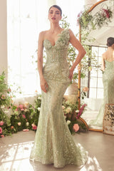 A1392 - ONE SHOULDER FULLY BEADED FLORAL MOTIF GOWN - GREENERY - Andrea & Leo Couture