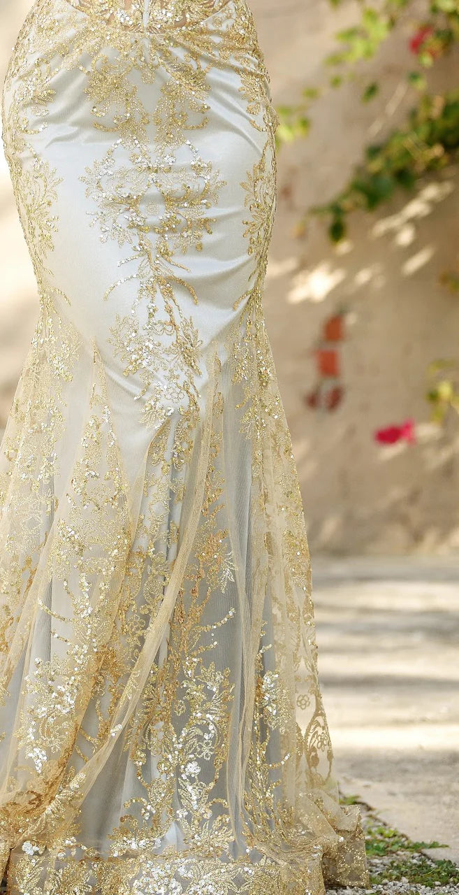 Lyra Gown - Gold Mist - FITTED FLORAL GLITTER PRINT CORSET GOWN