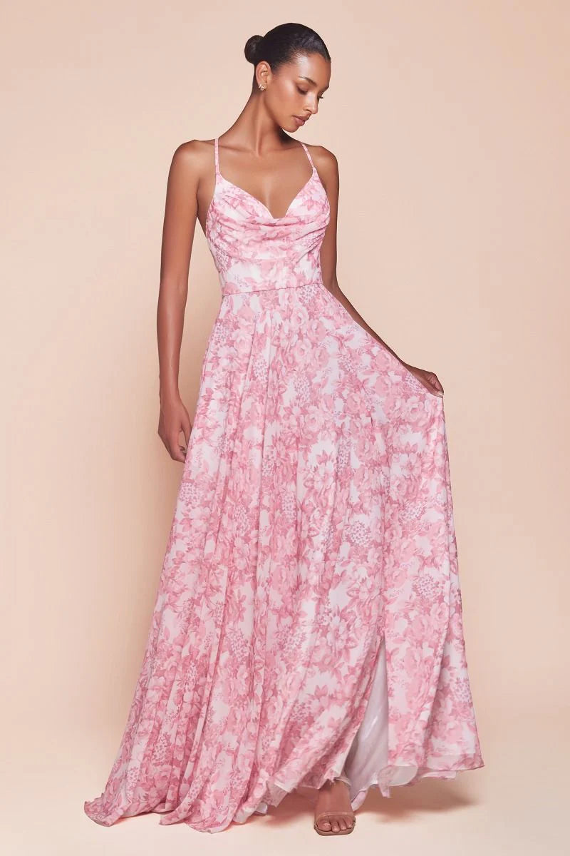 IRIS GOWN - ROSE - A-LINE SOFT SATIN PRINT DRESS