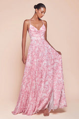 IRIS GOWN - ROSE - A-LINE SOFT SATIN PRINT DRESS