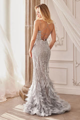 A1229 Embellished Feather Mermaid Gown- Silver - Andrea & Leo Couture