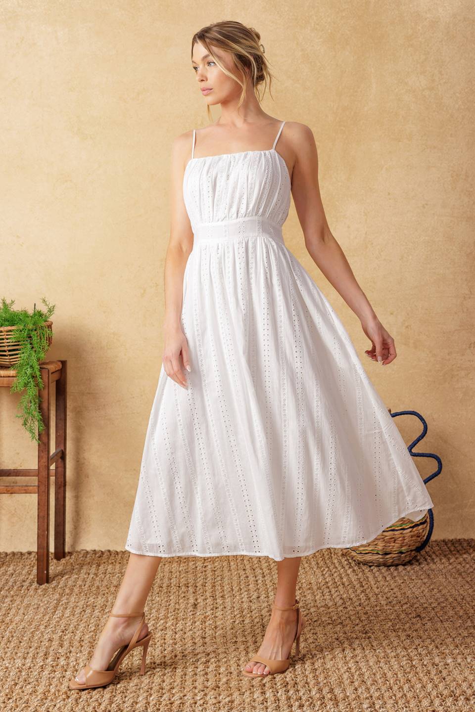 BACK AND FORTH EYELET MIDI DRESS