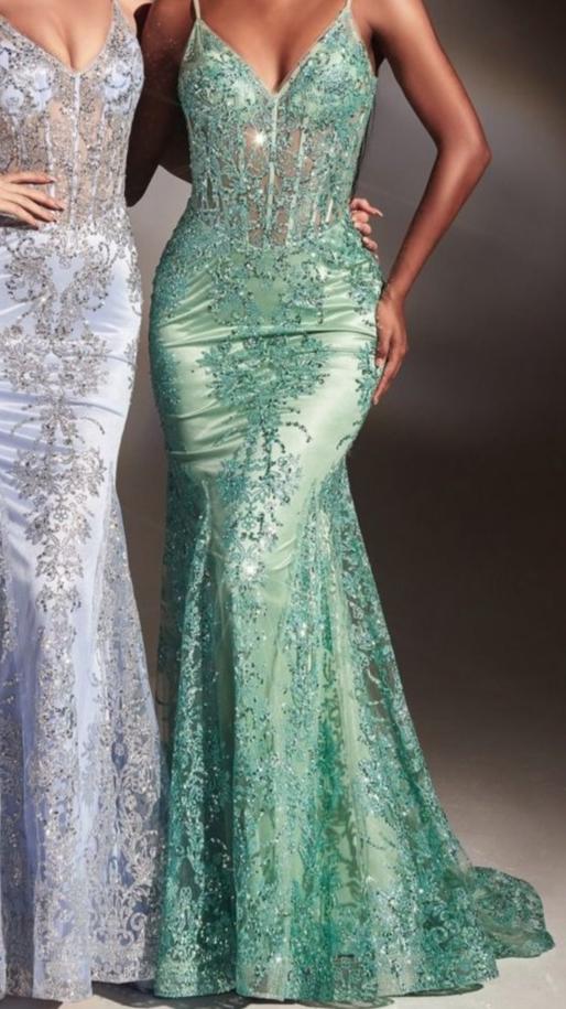 Lyra Gown - Sage - FITTED FLORAL GLITTER PRINT CORSET GOWN