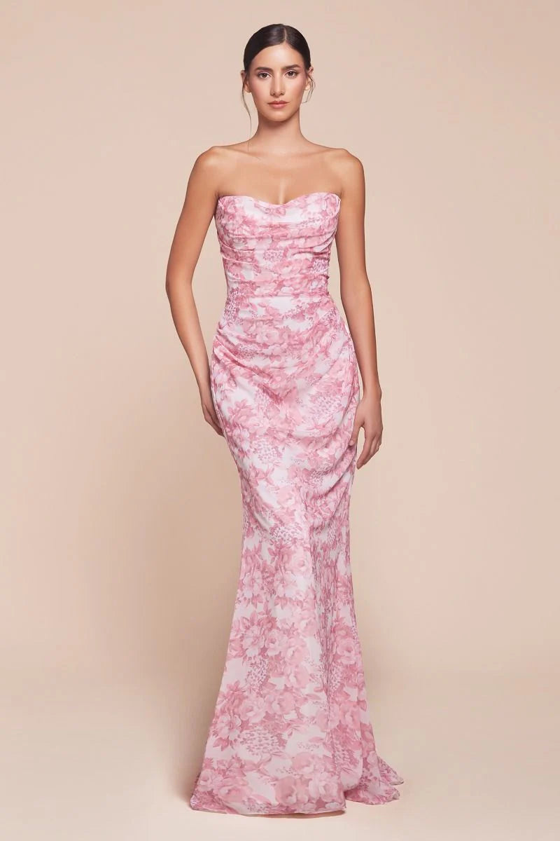 MARTA GOWN - ROSE - STRAPLESS FLORAL PRINTED SOFT SATIN DRESS