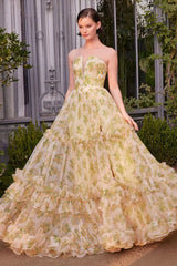 A1430 - STRAPLESS FLORAL PRINTED BALL GOWN - Andrea & Leo Couture