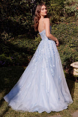 A1437 - LIGHT BLUE LEAF MOTIF APPLIQUED A-LINE DRESS- Andrea & Leo Couture