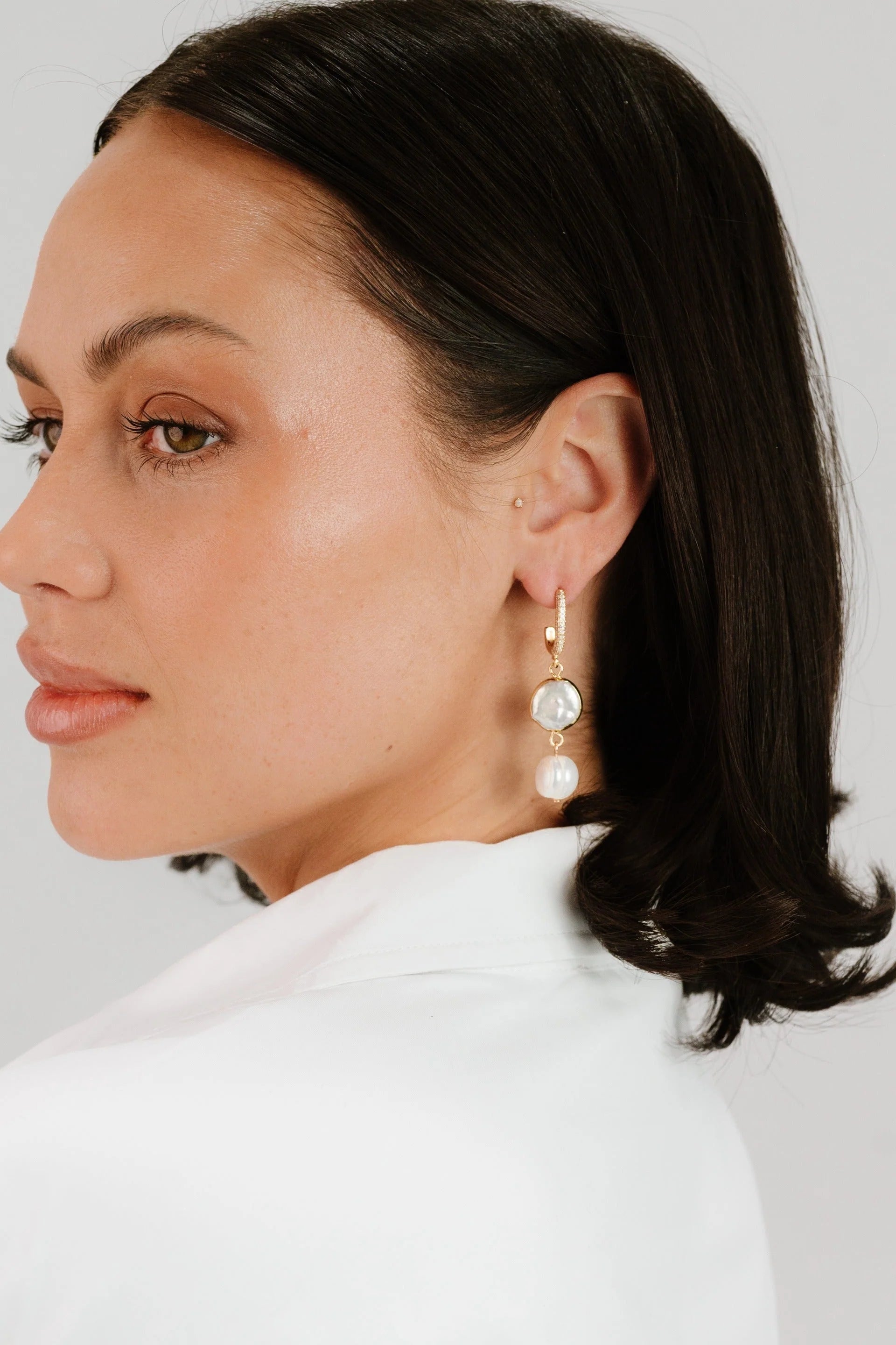 Dangling Freshwater Pearl Huggie Hoop Earrings