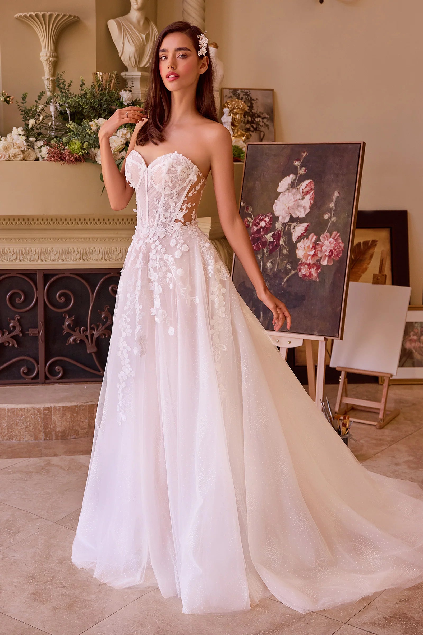 WL032-Floral Appliqued Strapless Wedding Ball Gown-Andrea & Leo