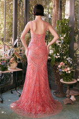 A1363 - FITTED BEADED EVENING GOWN - CORAL - Andrea & Leo Couture