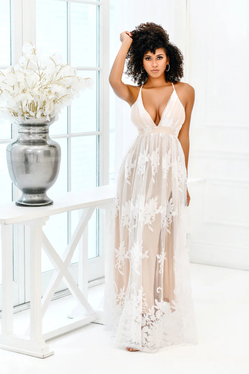 Promenade Maxi Dress - White on Nude