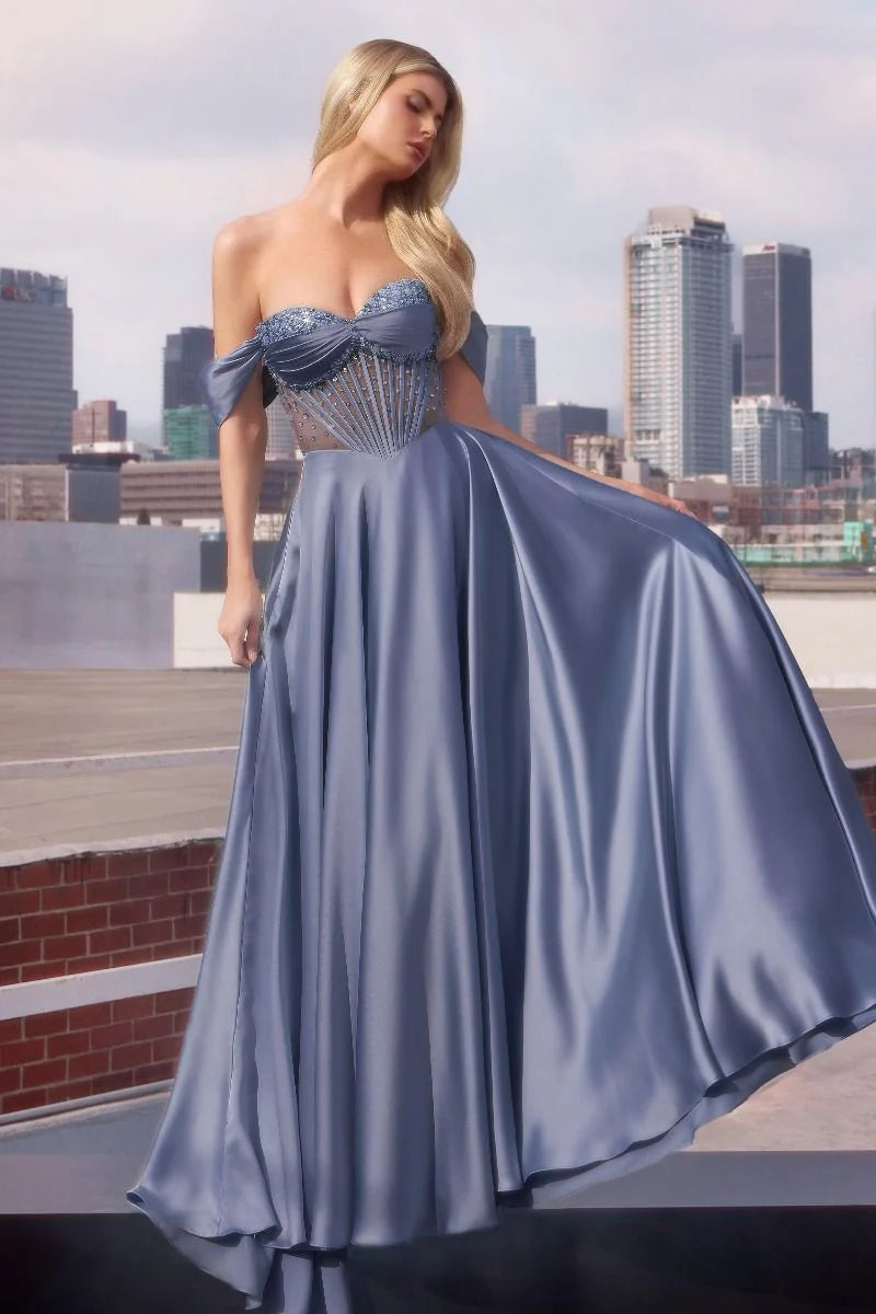 MELANIE GOWN - STRAPLESS BEADED SATIN A-LINE DRESS