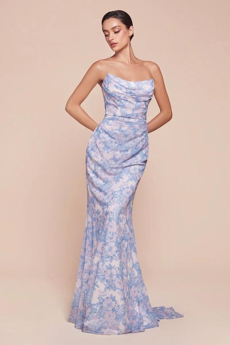 MARTA GOWN - BLUE - STRAPLESS FLORAL PRINTED SOFT SATIN DRESS