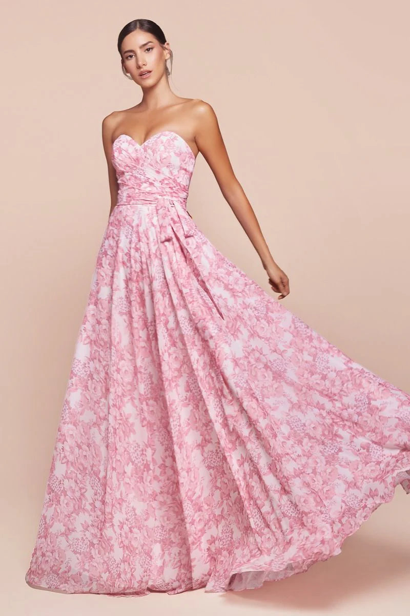 CASSIE GOWN - ROSE - STRAPLESS A-LINE FLORAL SATIN DRESS