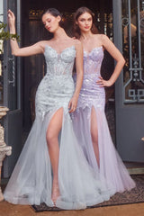 A1388 SEQUIN FLORAL MERMAID GOWN - LIGHT BLUE - Andrea & Leo Couture