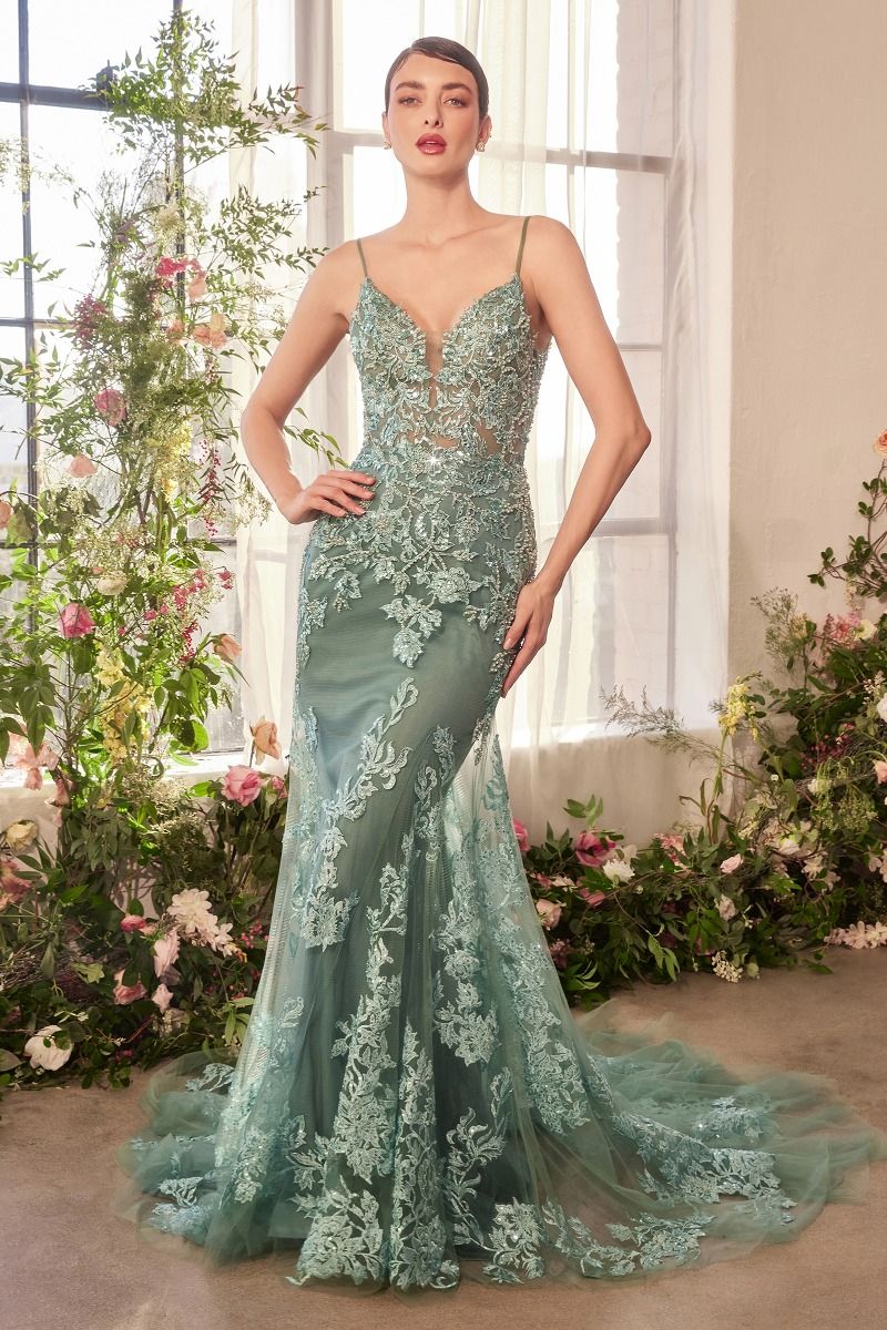 A1421 FOLIAGE BEADED LACE MERMAID GOWN - Andrea & Leo